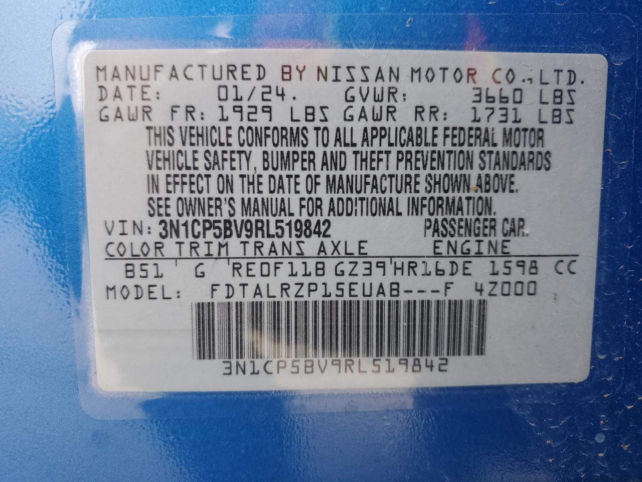 2024 NISSAN KICKS S VIN:3N1CP5BV9RL519842