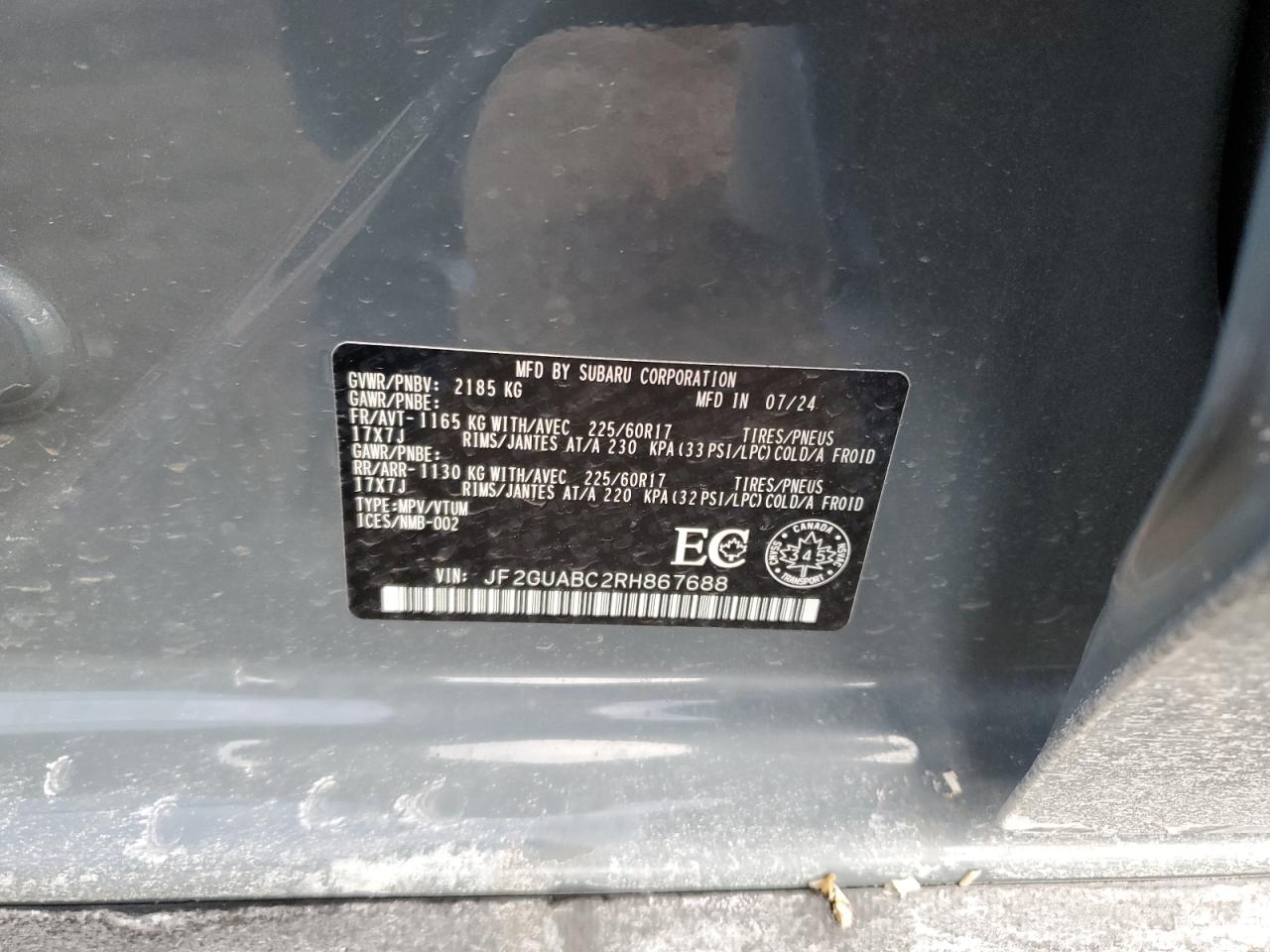 2024 SUBARU CROSSTREK  VIN:JF2GUABC2RH867688