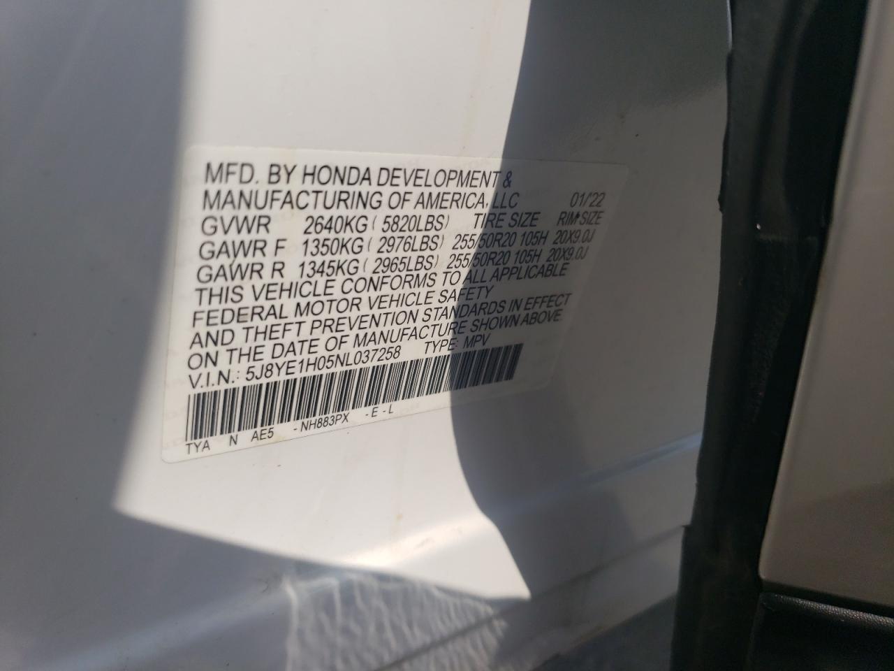 2022 ACURA MDX A-SPEC VIN:5J8YE1H05NL037258