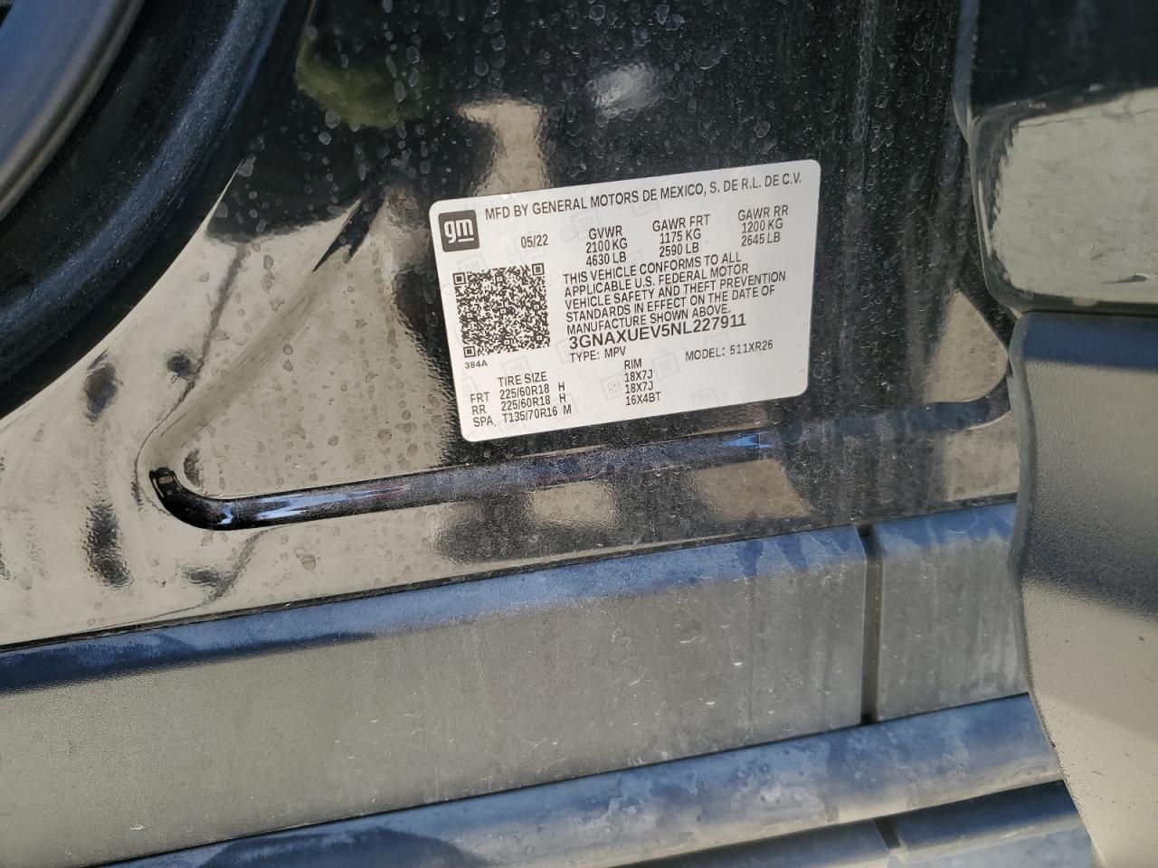 2022 CHEVROLET EQUINOX LT VIN:3GNAXUEV5NL227911