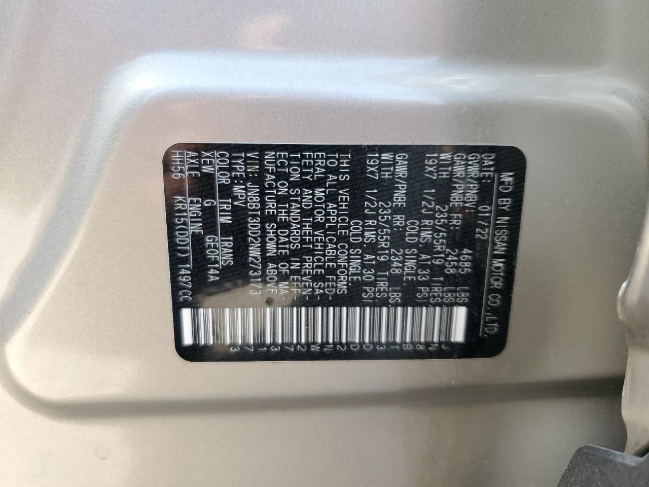 2022 NISSAN ROGUE PLATINUM VIN:JN8BT3DD2NW273173