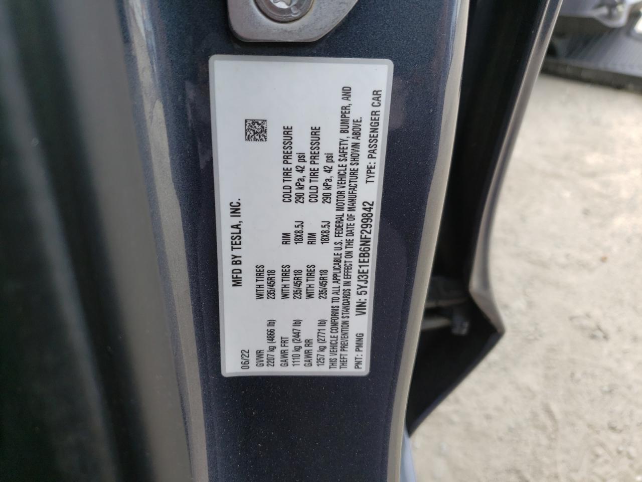 2022 TESLA MODEL 3  VIN:5YJ3E1EB6NF299842