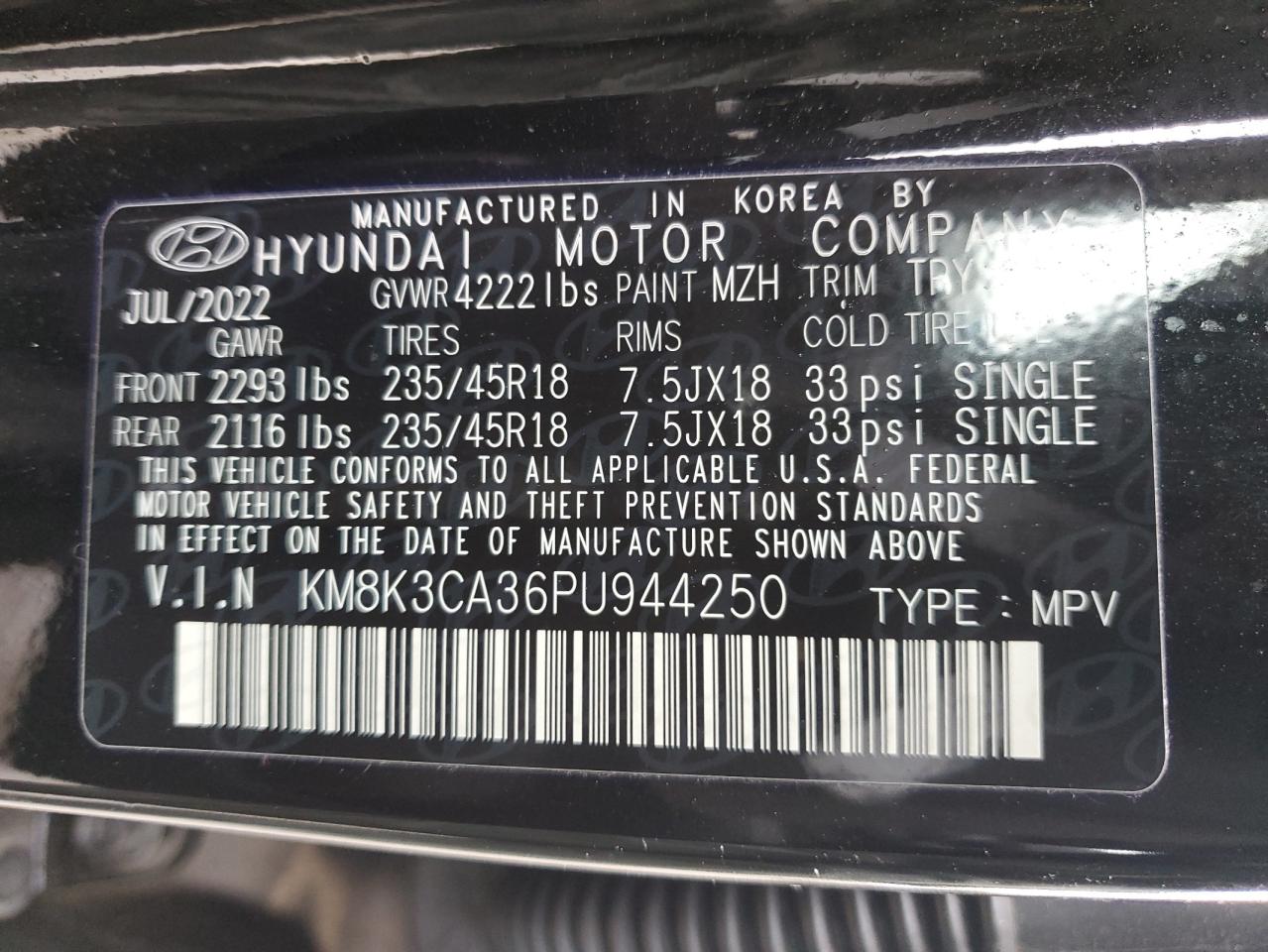 2023 HYUNDAI KONA N LINE VIN:KM8K3CA36PU944250