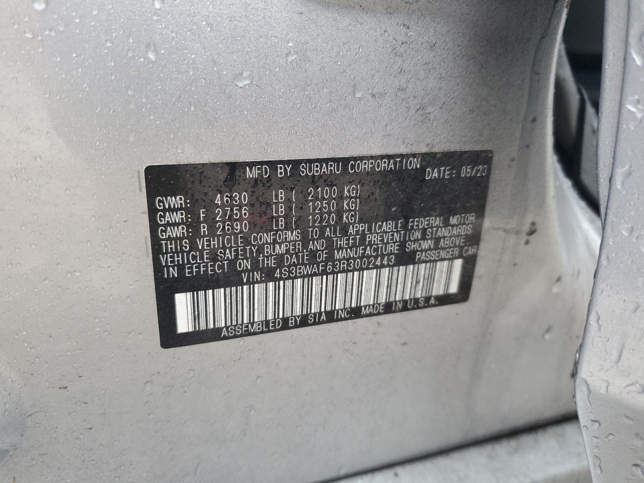 2024 SUBARU LEGACY PREMIUM VIN:4S3BWAF63R3002443