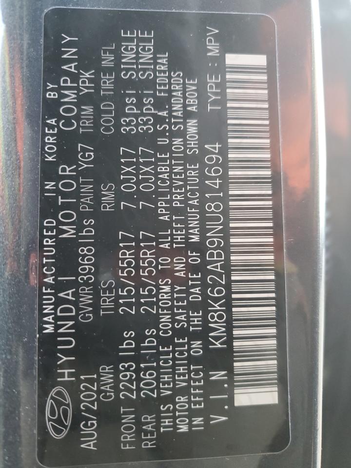 2022 HYUNDAI KONA SEL VIN:KM8K62AB9NU814694