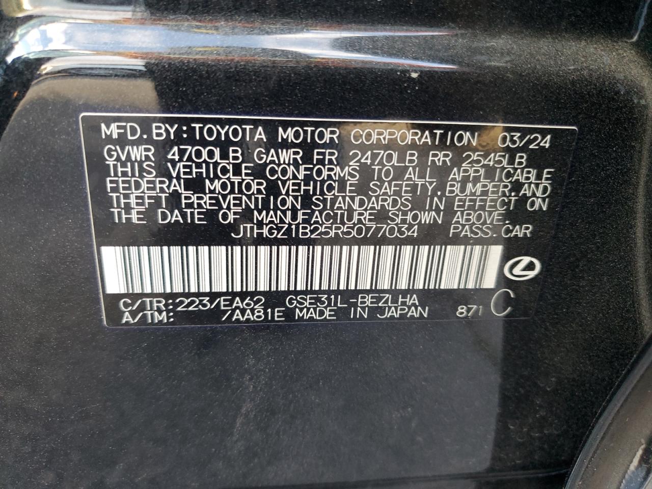 2024 LEXUS IS 350 F SPORT DESIGN VIN:JTHGZ1B25R5077034