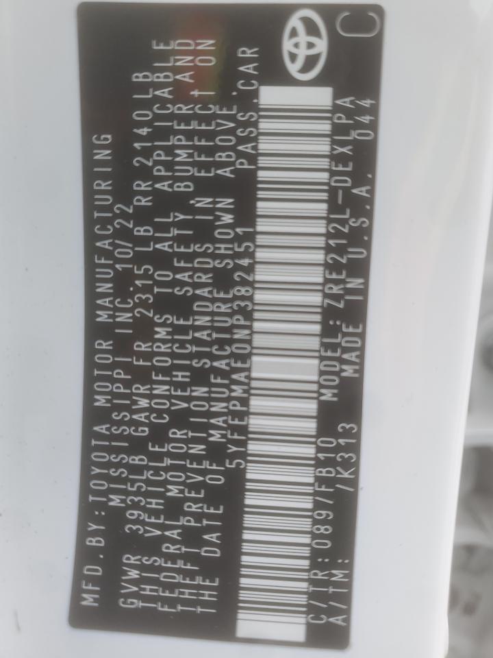 2022 TOYOTA COROLLA LE VIN:5YFEPMAE0NP382451