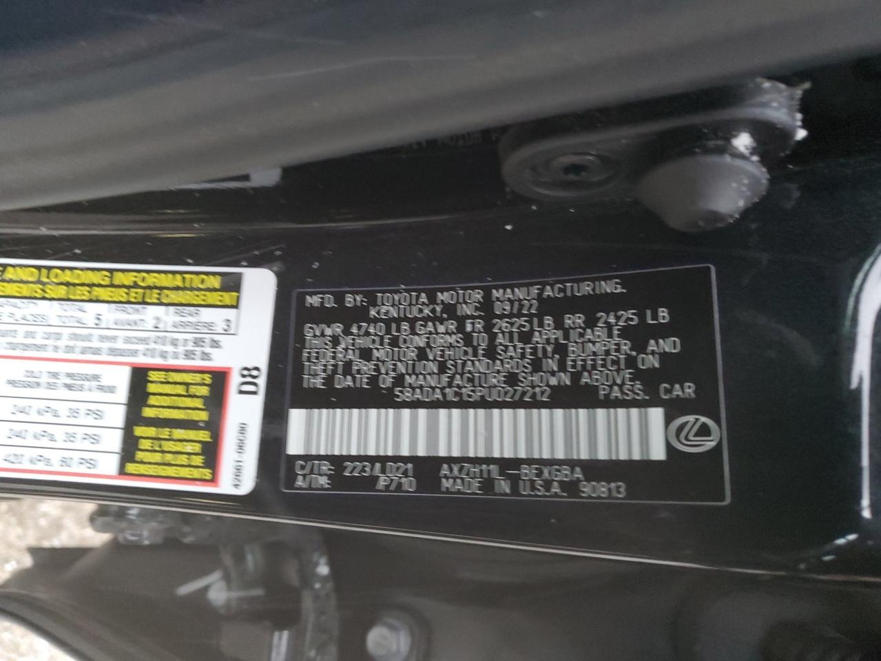 2023 LEXUS ES 300H BASE VIN:58ADA1C15PU027212