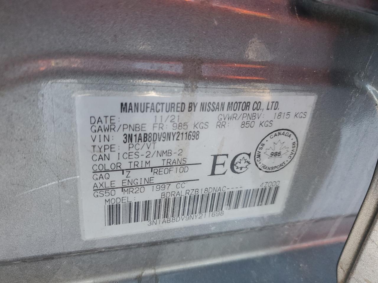 2022 NISSAN SENTRA SR VIN:3N1AB8DV9NY211698