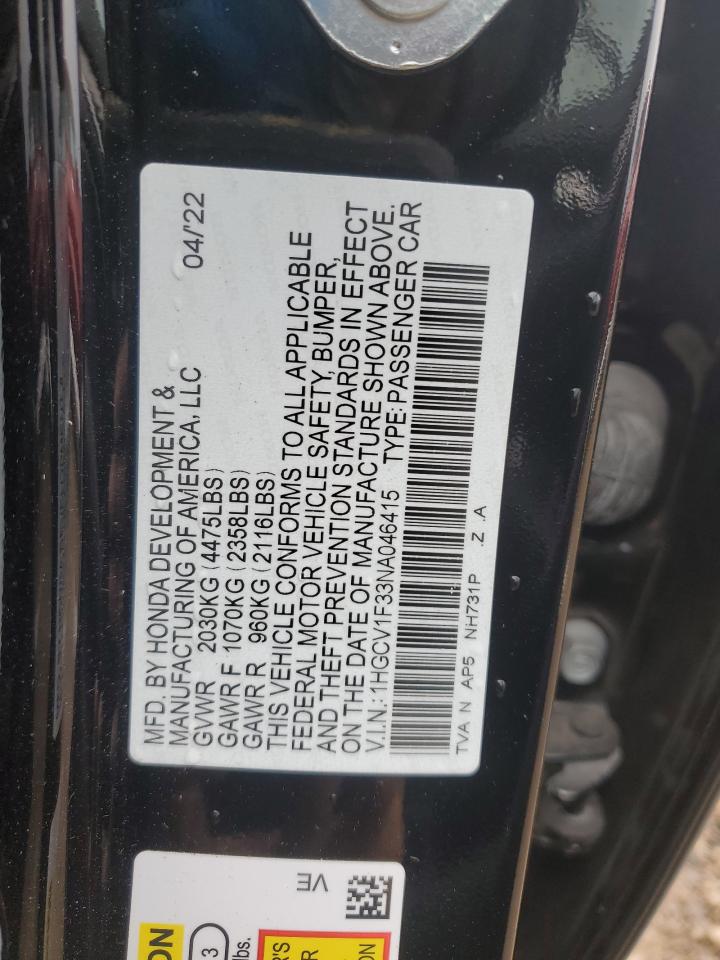 2022 HONDA ACCORD SPORT VIN:1HGCV1F33NA046415