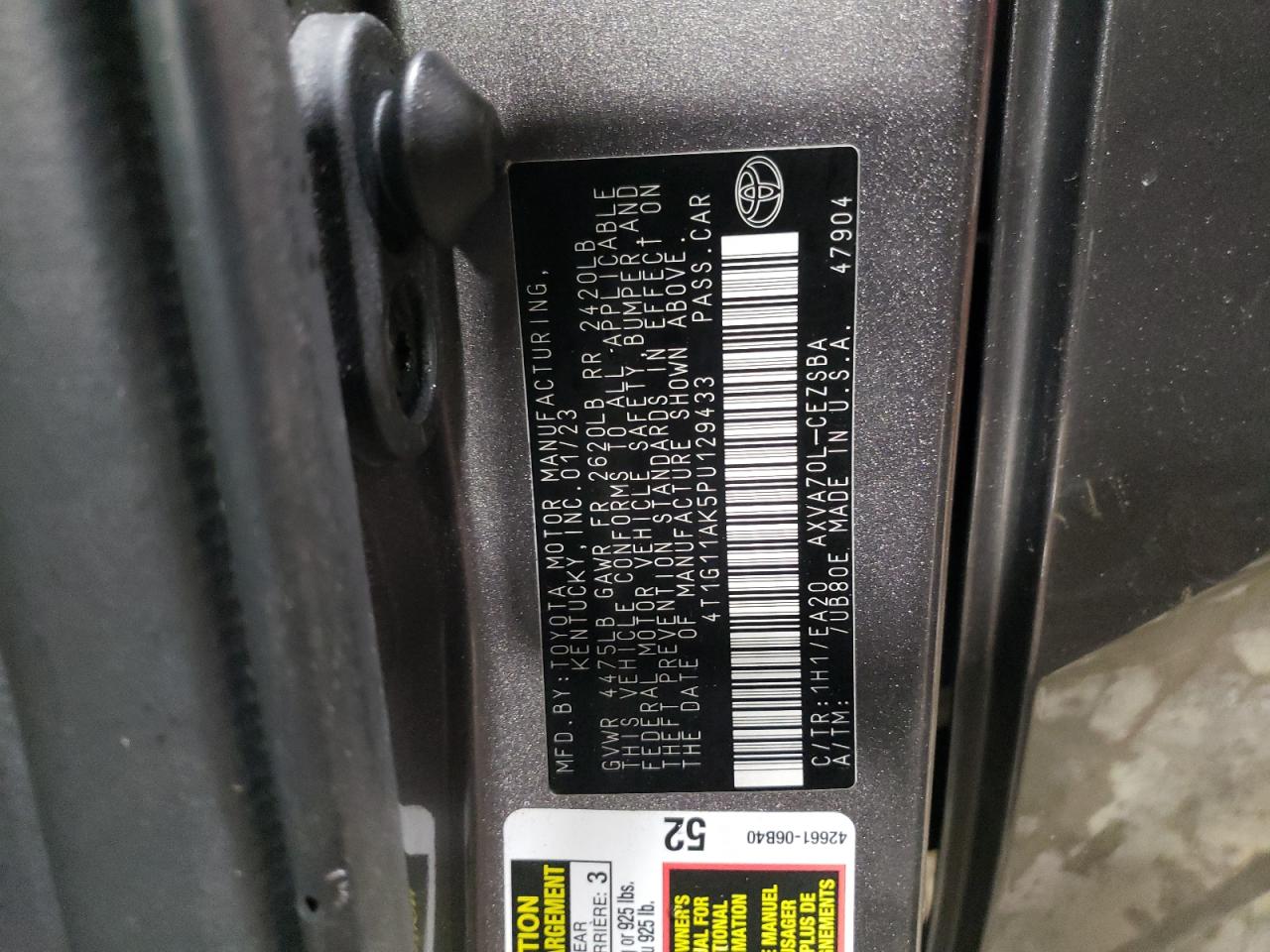 2023 TOYOTA CAMRY SE NIGHT SHADE VIN:4T1G11AK5PU129433