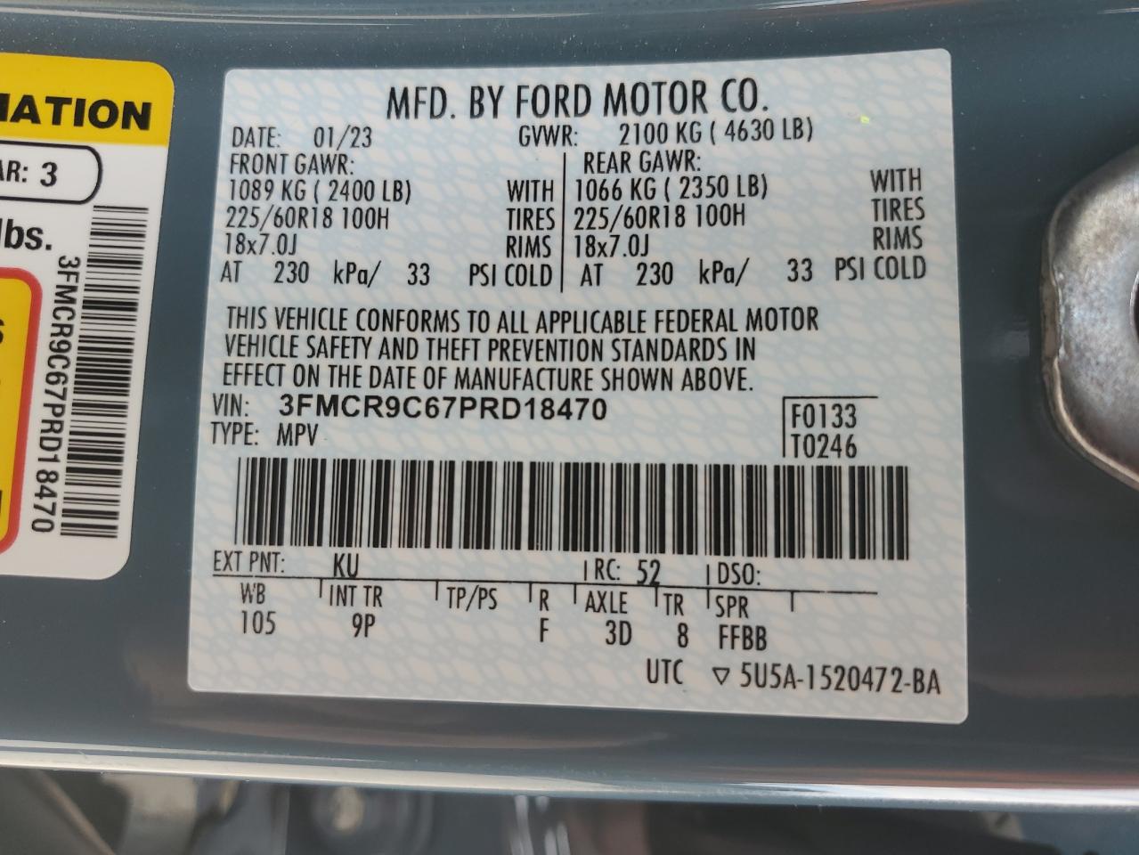 2023 FORD BRONCO SPORT OUTER BANKS VIN:3FMCR9C67PRD18470