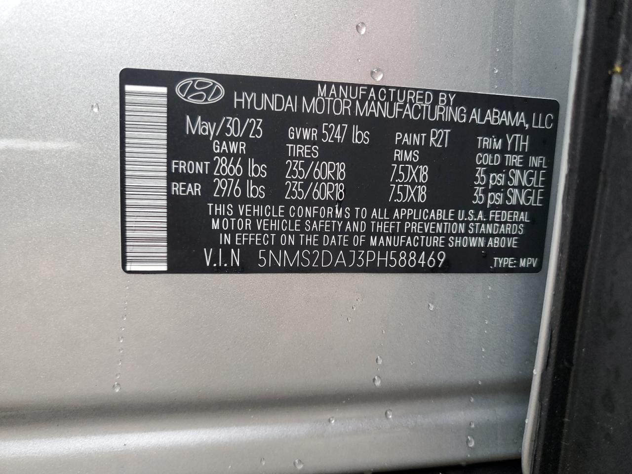 2023 HYUNDAI SANTA FE SEL VIN:5NMS2DAJ3PH588469