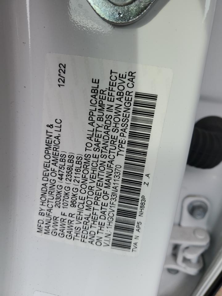 2022 HONDA ACCORD SPORT VIN:1HGCV1F33NA113370