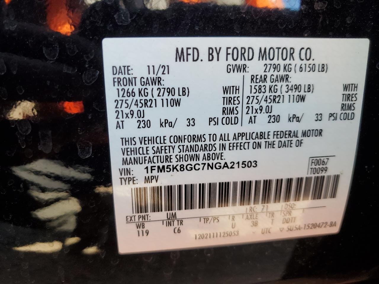 2022 FORD EXPLORER ST VIN:1FM5K8GC7NGA21503