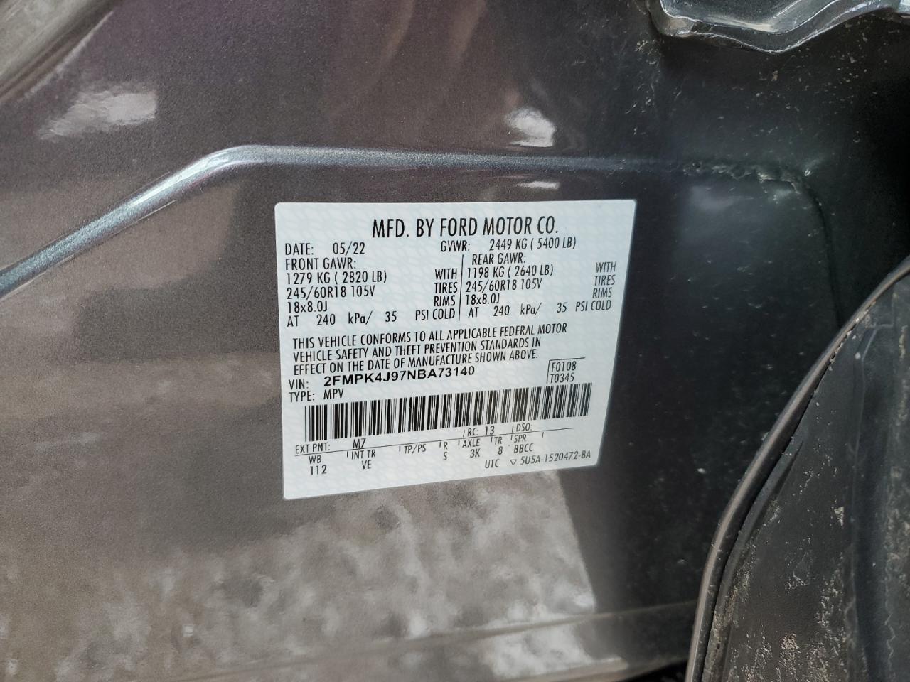 2022 FORD EDGE SEL VIN:2FMPK4J97NBA73140