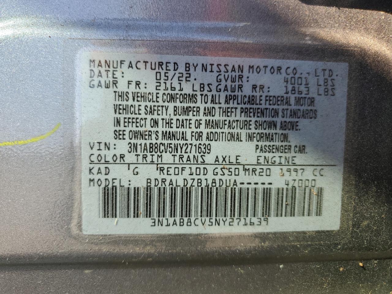 2022 NISSAN SENTRA SV VIN:3N1AB8CV5NY271639