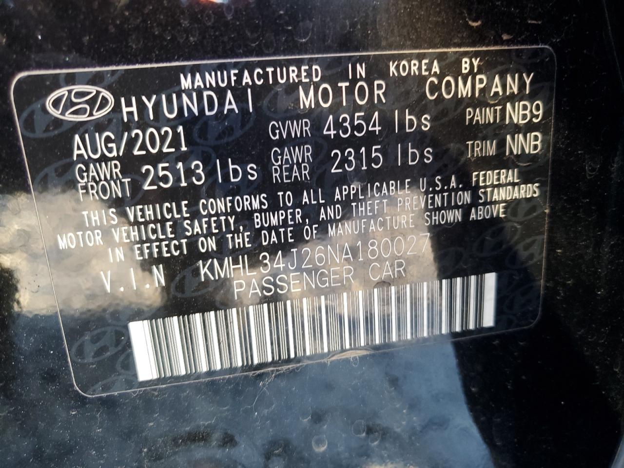 2022 HYUNDAI SONATA LIMITED VIN:KMHL34J26NA180027