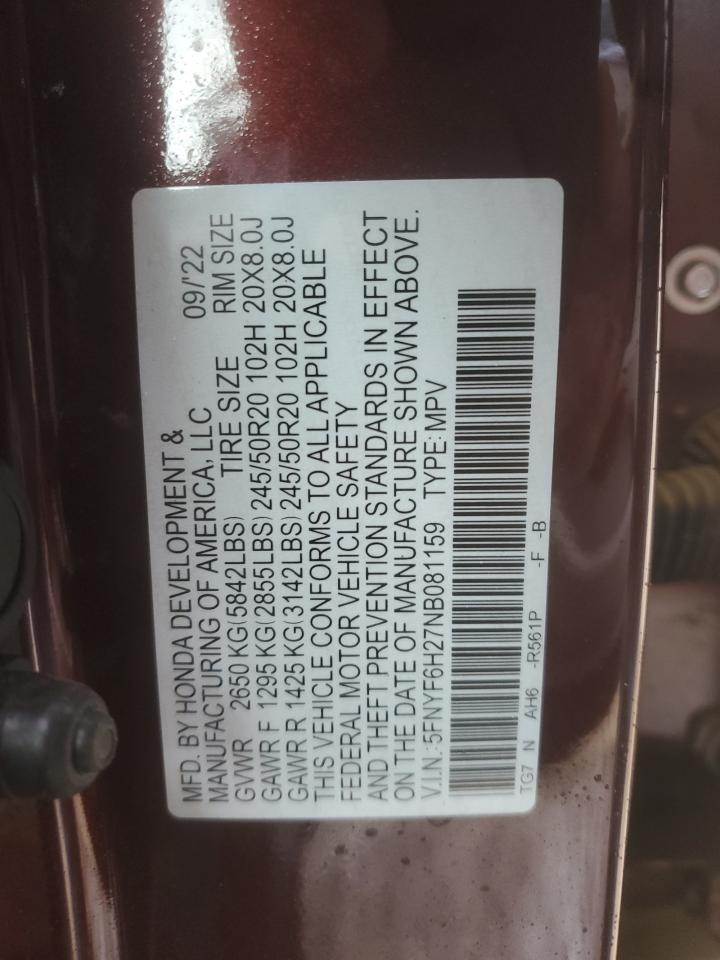 2022 HONDA PILOT SE VIN:5FNYF6H27NB081159