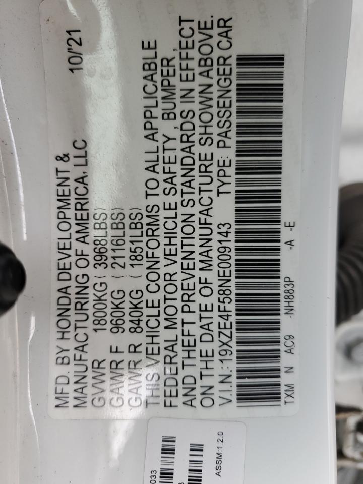 2022 HONDA INSIGHT EX VIN:19XZE4F58NE009143