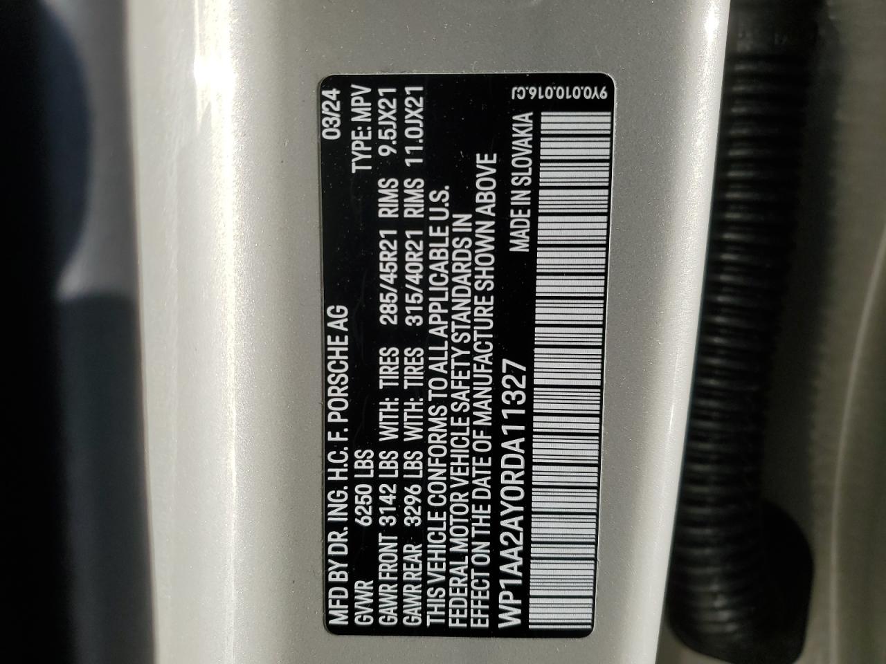 2024 PORSCHE CAYENNE  VIN:WP1AA2AY0RDA11327