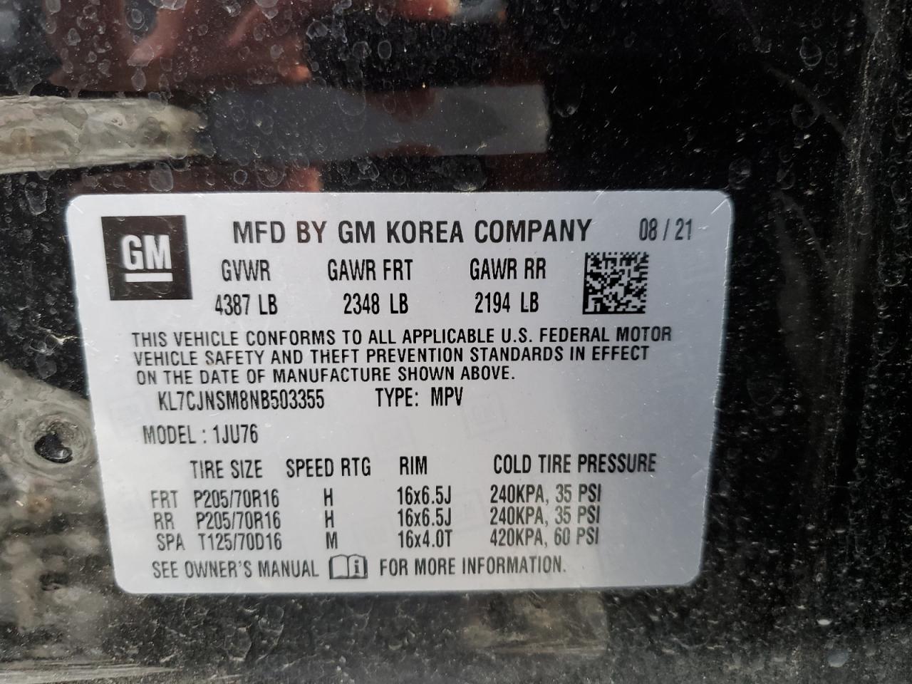 2022 CHEVROLET TRAX LS VIN:KL7CJNSM8NB503355