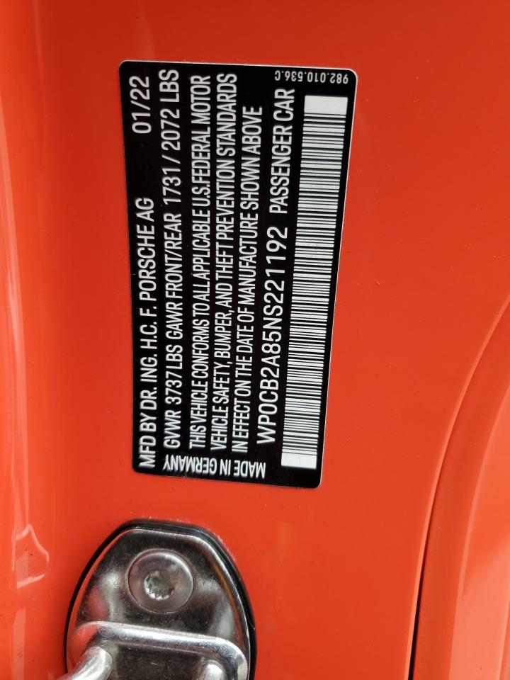 2022 PORSCHE BOXSTER S VIN:WP0CB2A85NS221192