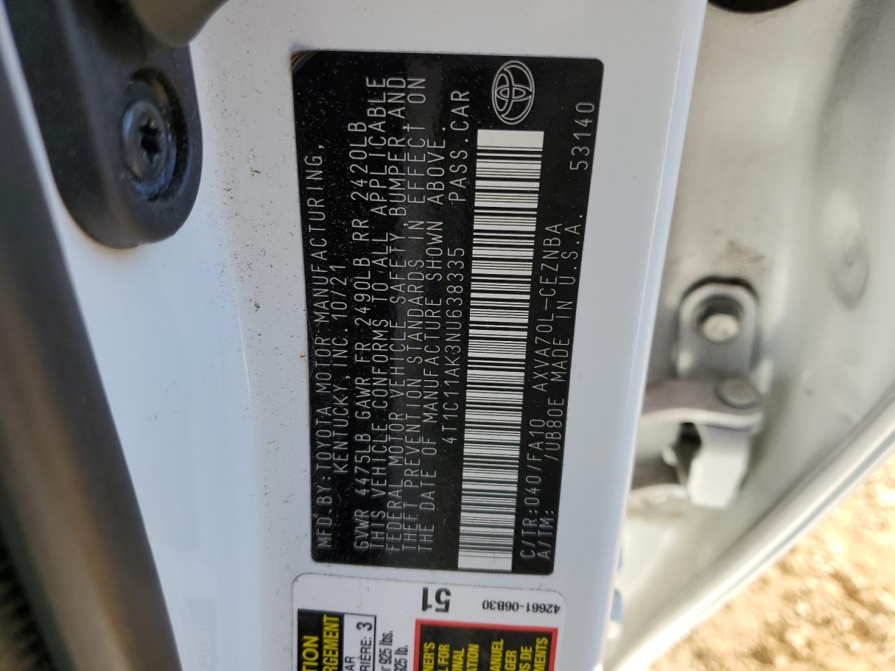 2022 TOYOTA CAMRY LE VIN:4T1C11AK3NU638335