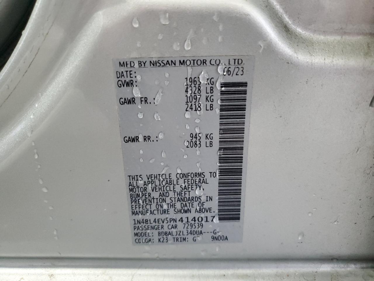 2023 NISSAN ALTIMA SL VIN:1N4BL4EV5PN414017
