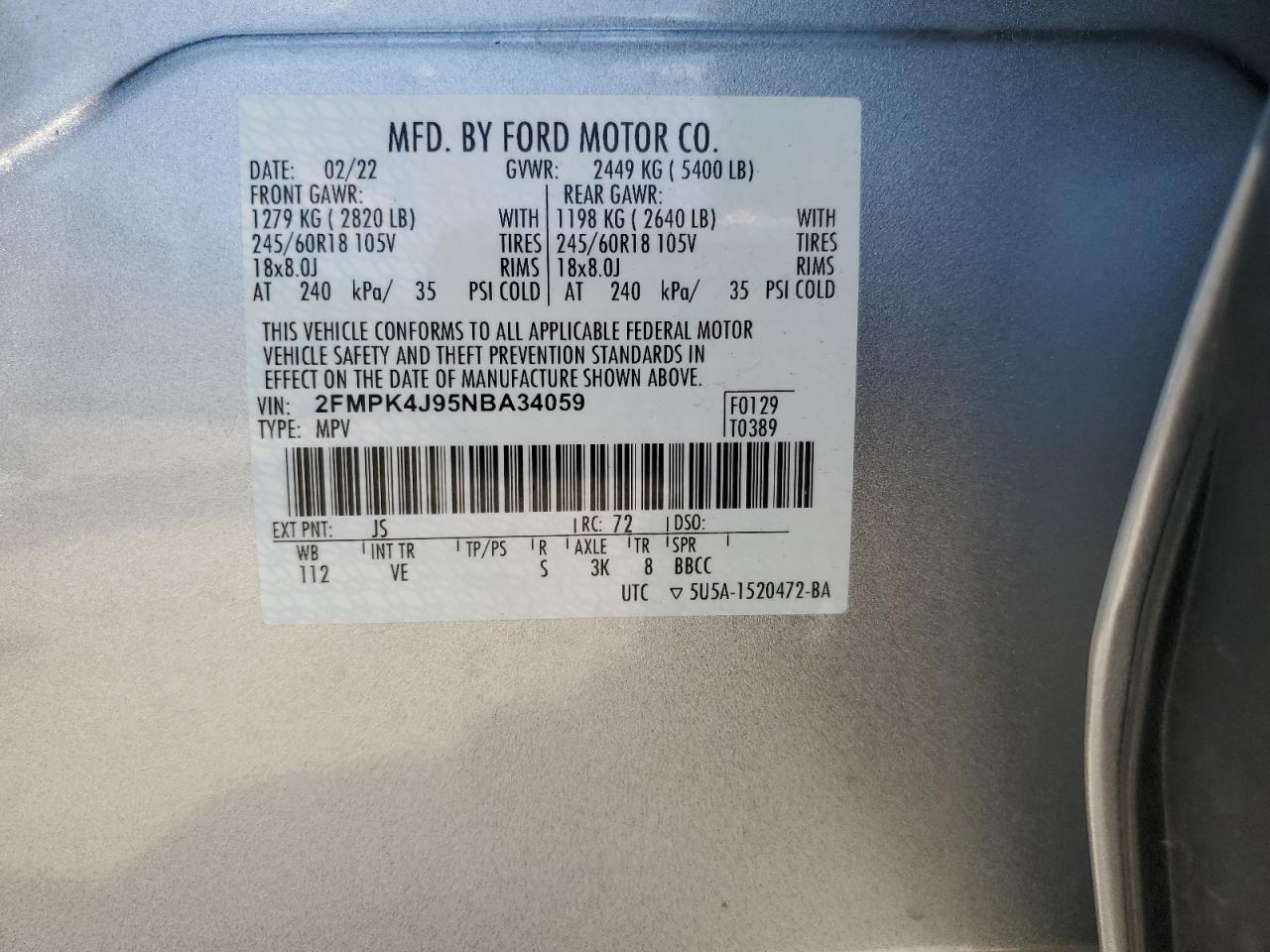 2022 FORD EDGE SEL VIN:2FMPK4J95NBA34059
