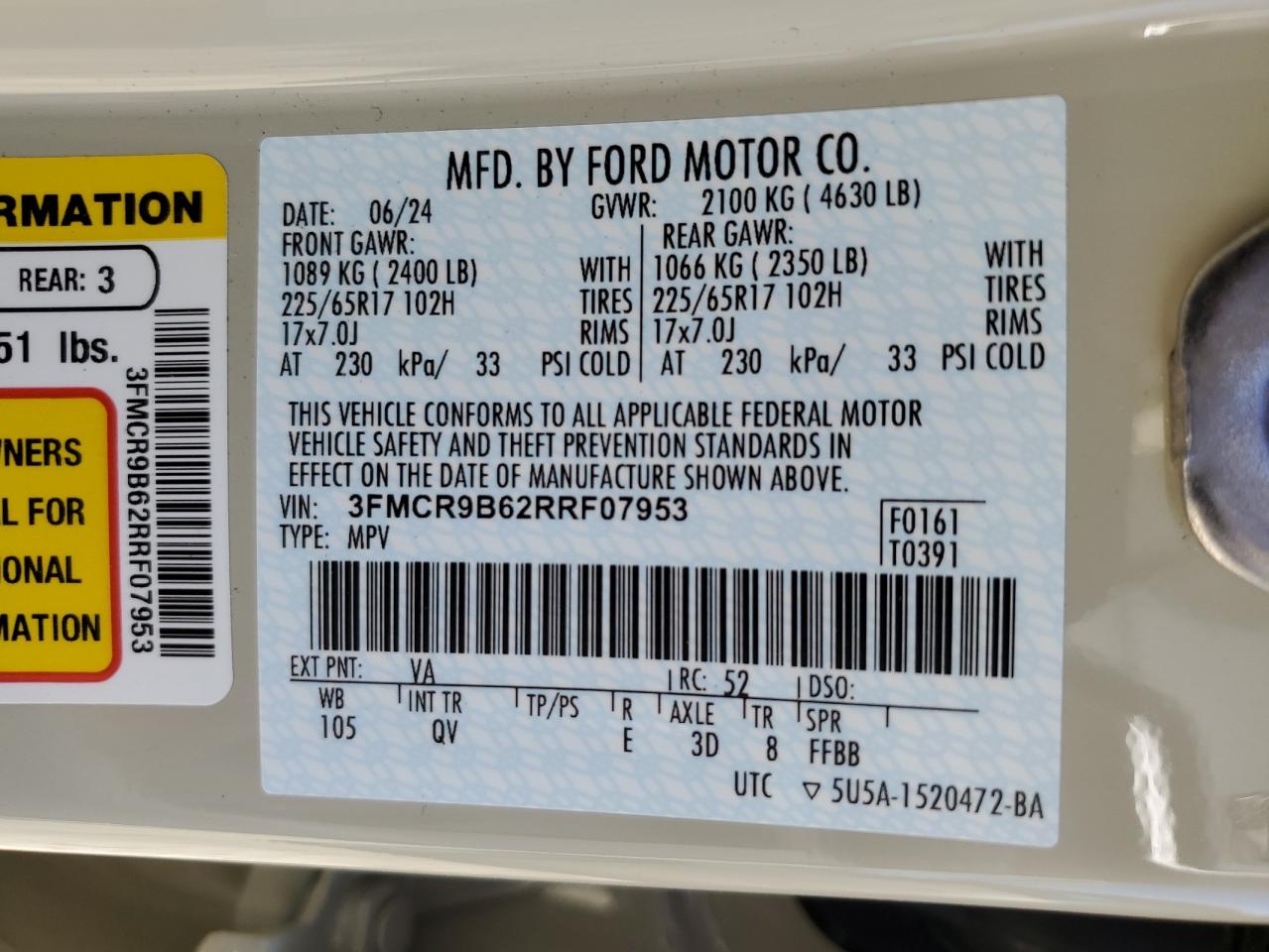 2024 FORD BRONCO SPORT BIG BEND VIN:3FMCR9B62RRF07953