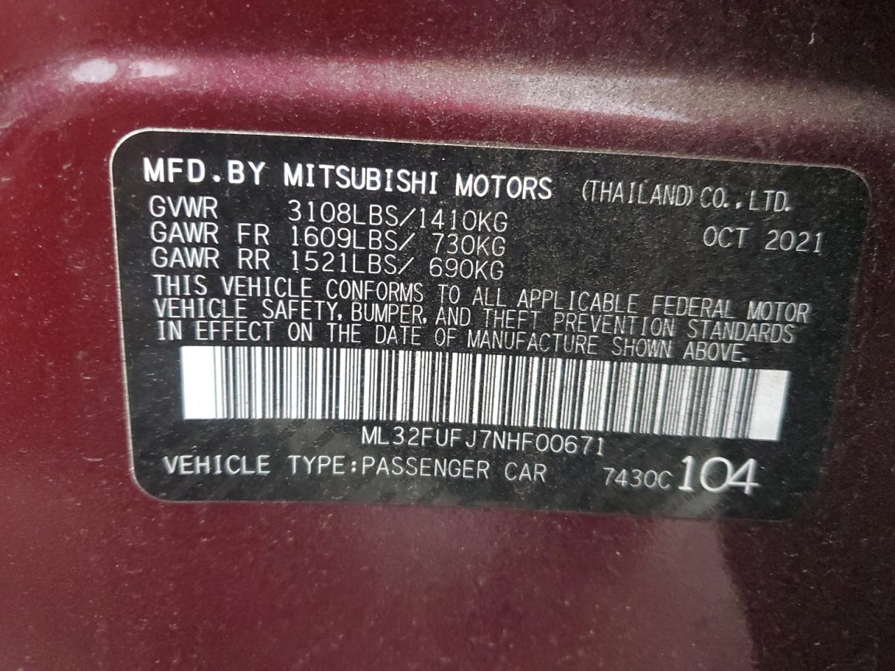 2022 MITSUBISHI MIRAGE G4 ES VIN:ML32FUFJ7NHF00671
