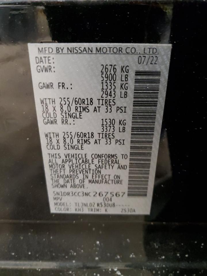 2022 NISSAN PATHFINDER SL VIN:5N1DR3CC3NC267567