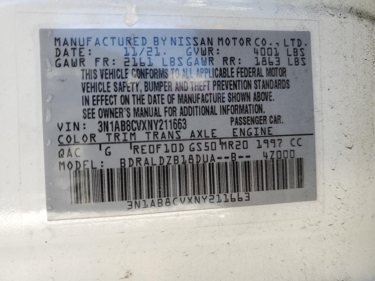 2022 NISSAN SENTRA SV VIN:3N1AB8CVXNY211663