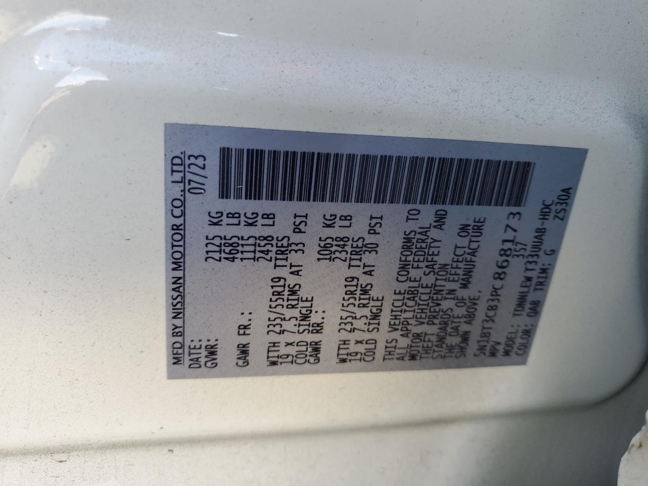 2023 NISSAN ROGUE SL VIN:5N1BT3CB3PC868173