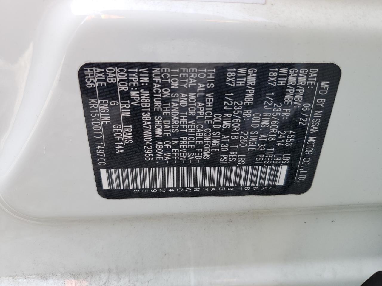 2022 NISSAN ROGUE SV VIN:JN8BT3BA7NW042956