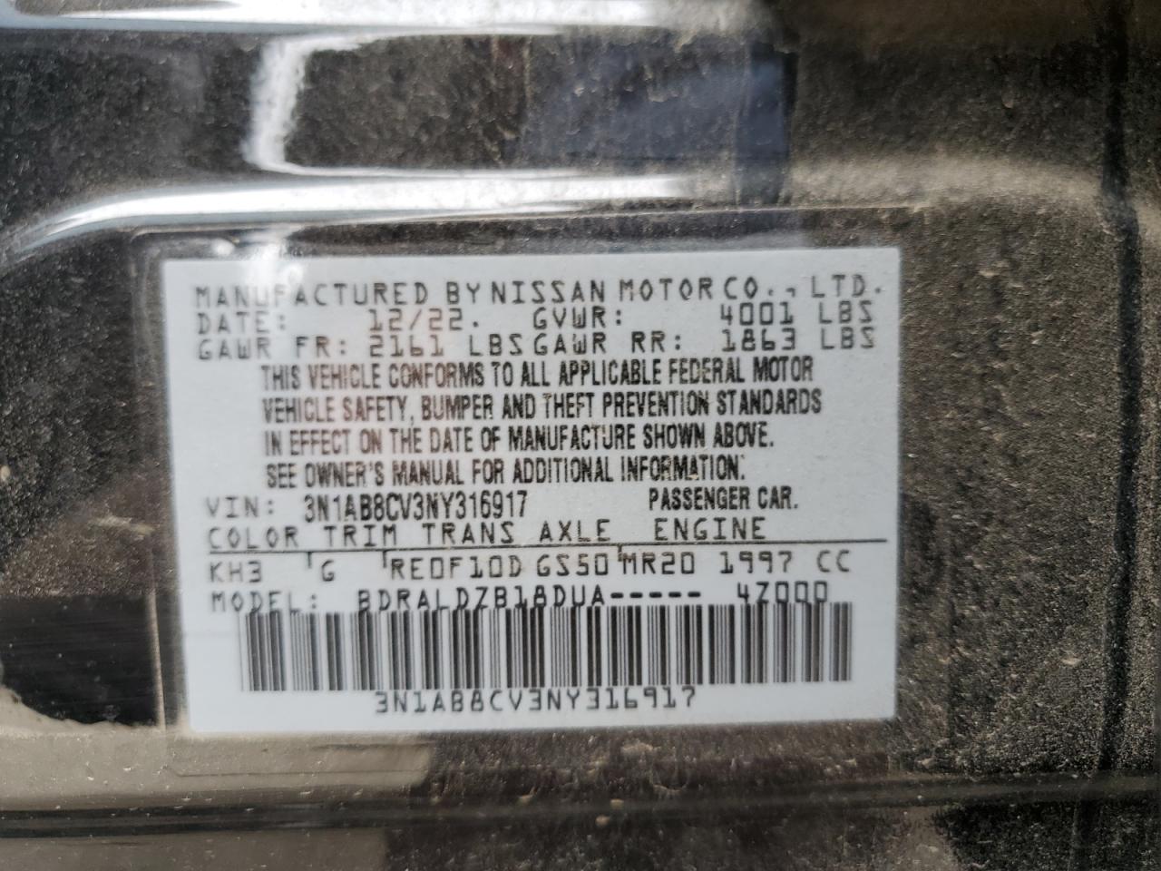 2022 NISSAN SENTRA SV VIN:3N1AB8CV3NY316917