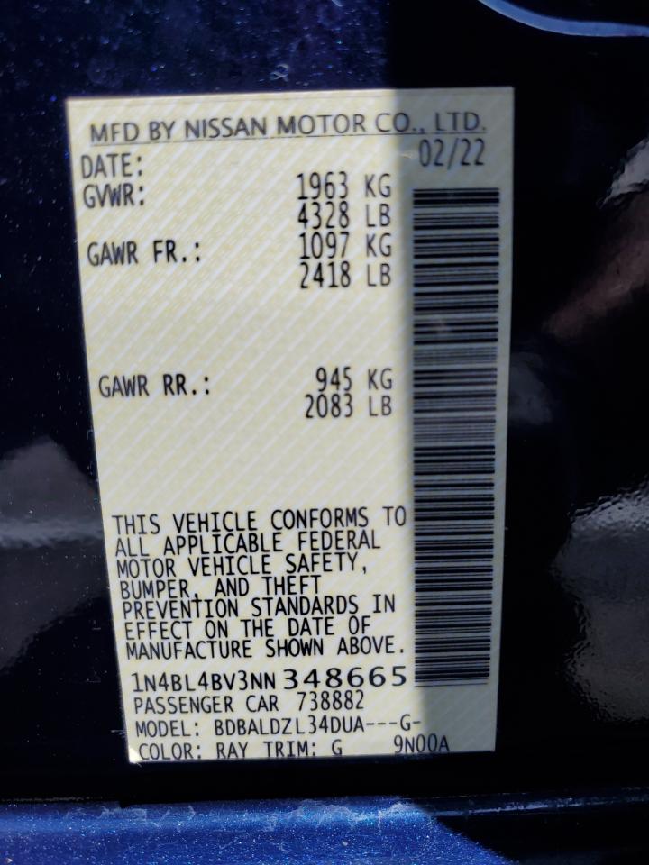 2022 NISSAN ALTIMA S VIN:1N4BL4BV3NN348665