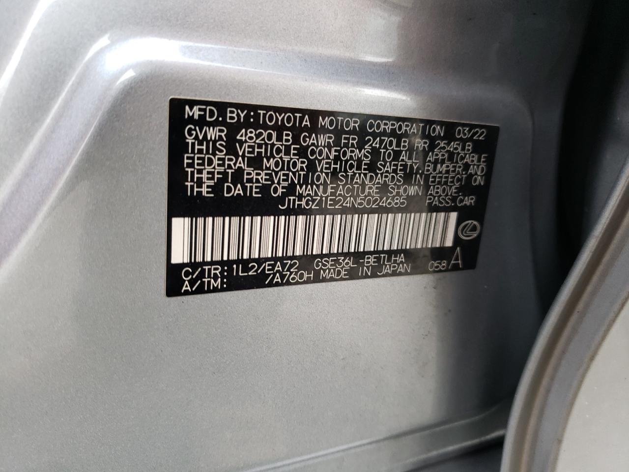 2022 LEXUS IS 350 F SPORT VIN:JTHGZ1E24N5024685