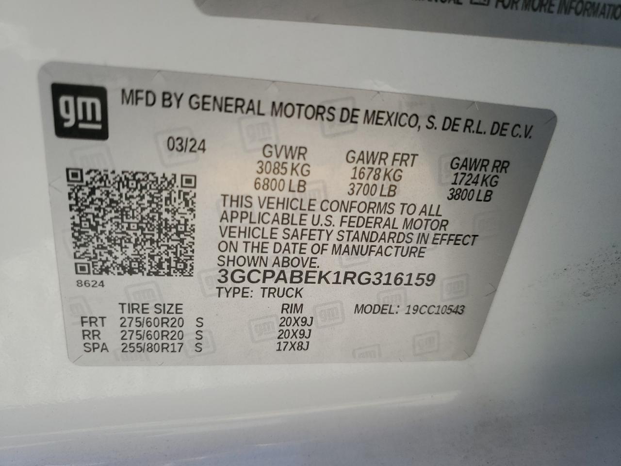 2024 CHEVROLET SILVERADO C1500 CUSTOM VIN:3GCPABEK1RG316159