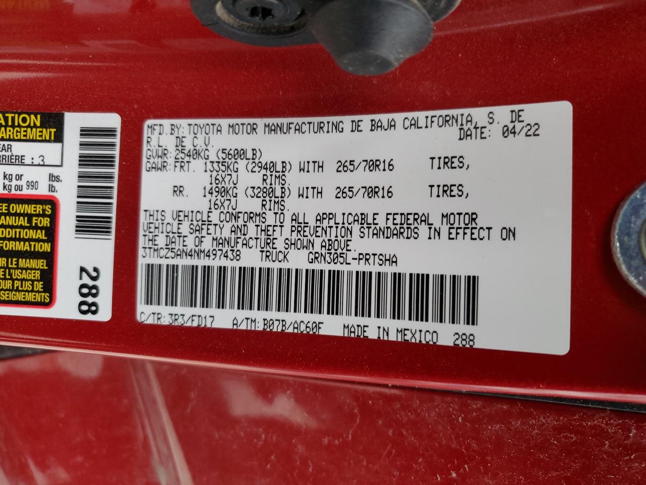 2022 TOYOTA TACOMA DOUBLE CAB VIN:3TMCZ5AN4NM497438