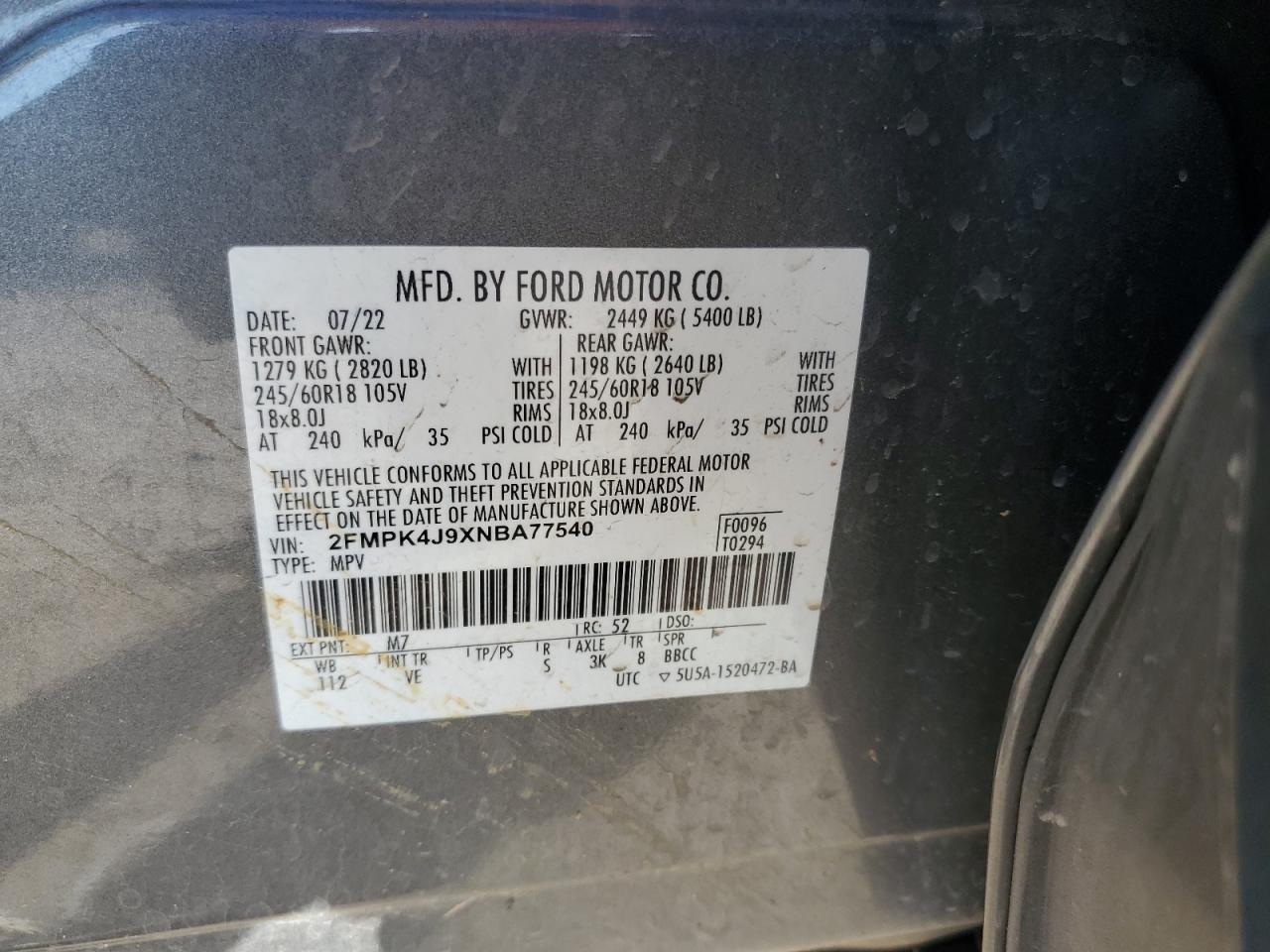 2022 FORD EDGE SEL VIN:2FMPK4J9XNBA77540
