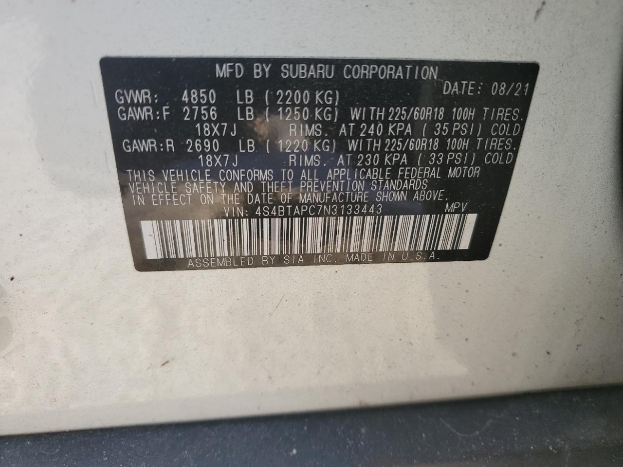 2022 SUBARU OUTBACK TOURING VIN:4S4BTAPC7N3133443