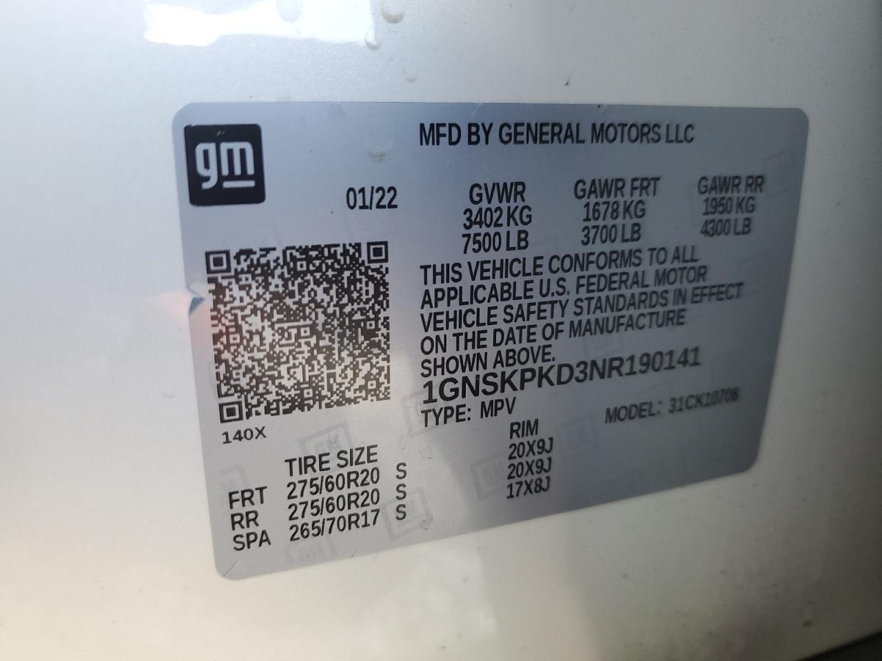 2022 CHEVROLET TAHOE K1500 Z71 VIN:1GNSKPKD3NR190141