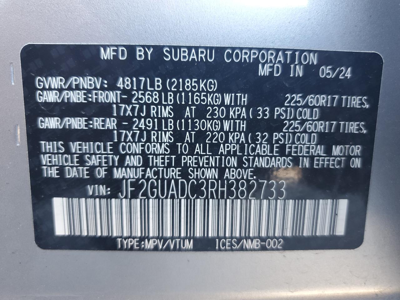 2024 SUBARU CROSSTREK PREMIUM VIN:JF2GUADC3RH382733