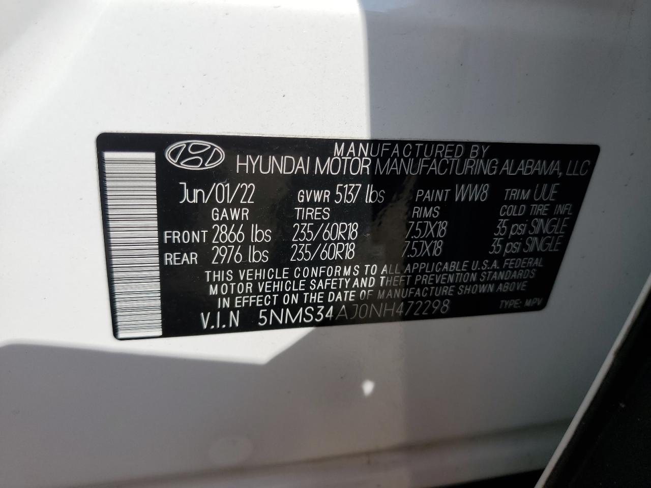 2022 HYUNDAI SANTA FE SEL VIN:5NMS34AJ0NH472298