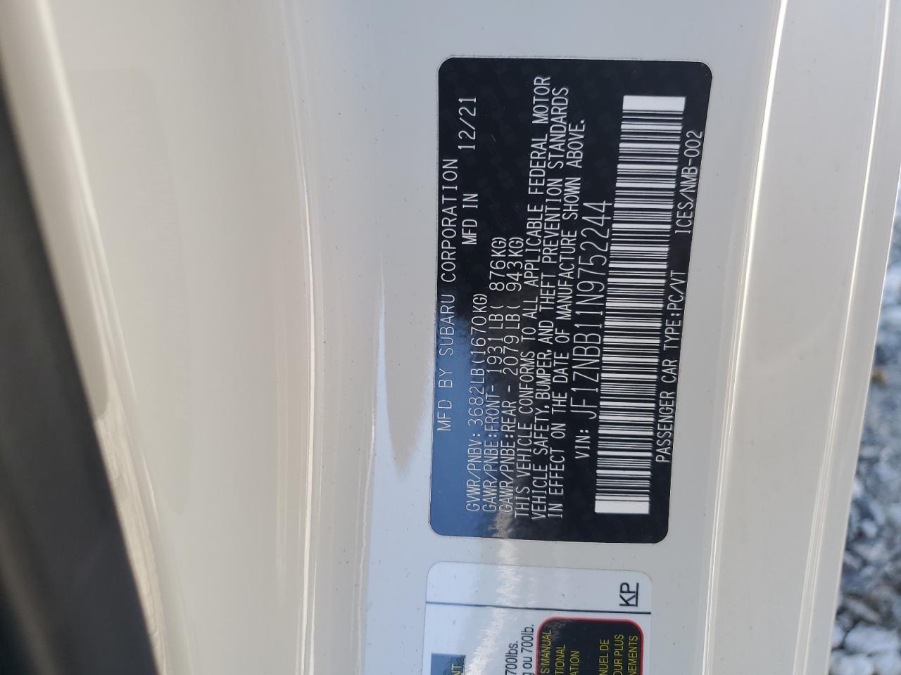2022 TOYOTA GR 86  VIN:JF1ZNBB11N9752244
