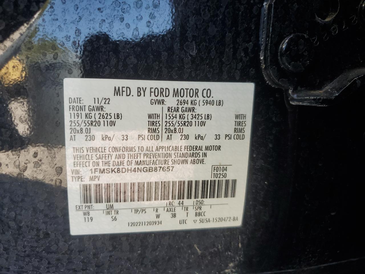 2022 FORD EXPLORER XLT VIN:1FMSK8DH4NGB87657