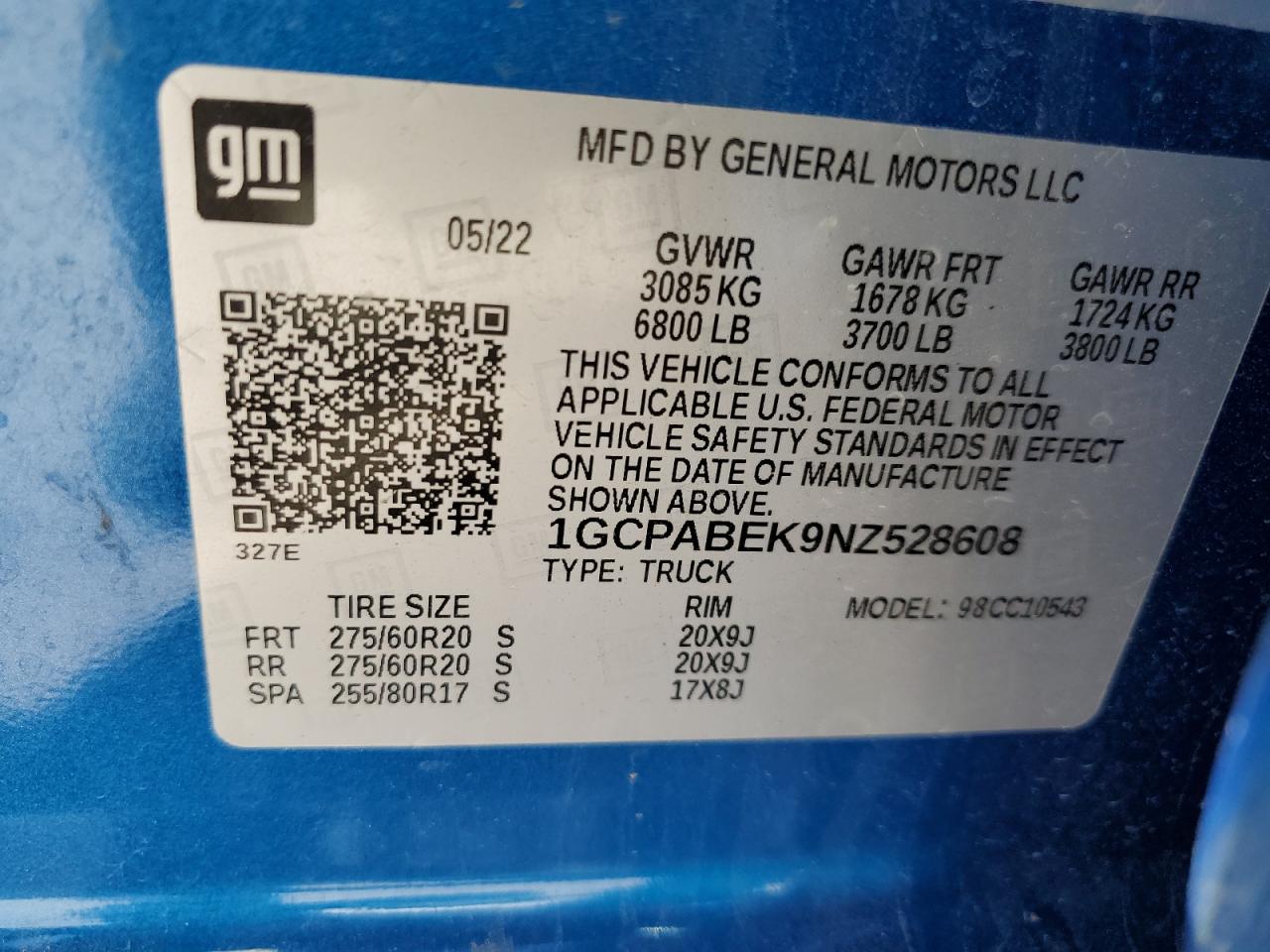 2022 CHEVROLET SILVERADO C1500 CUSTOM VIN:1GCPABEK9NZ528608