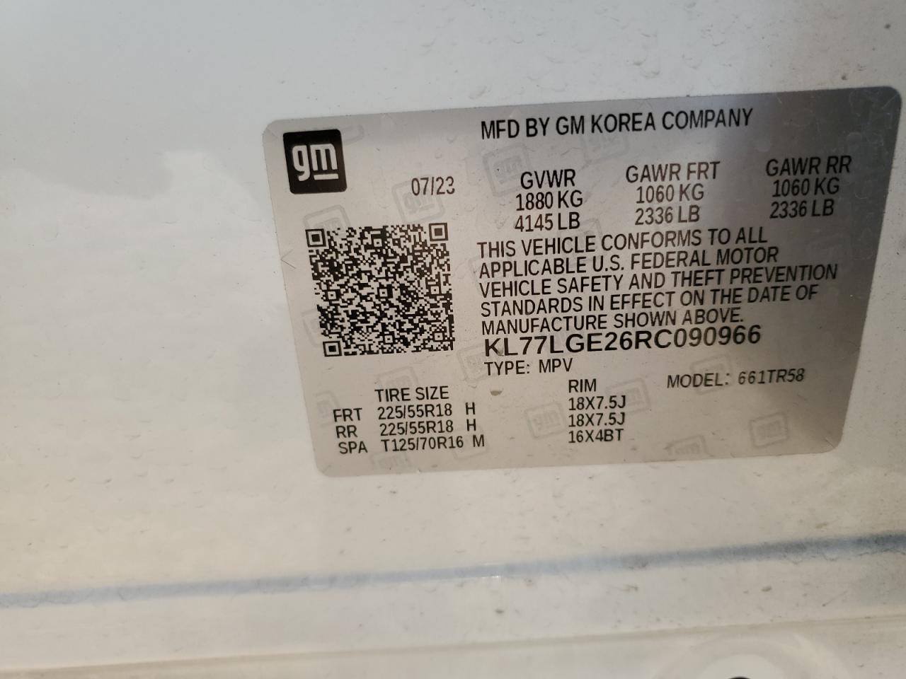 2024 CHEVROLET TRAX 1RS VIN:KL77LGE26RC090966